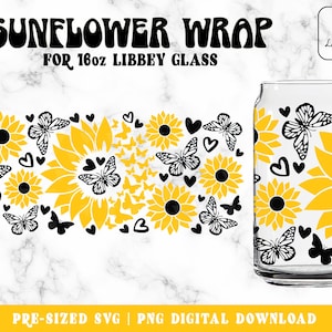 Girassol Borboleta Svg Libbey glass svg, Borboletas SVG 16oz Lata de vidro svg, Girassol svg, Coffee Can glass Wrap - Download digital