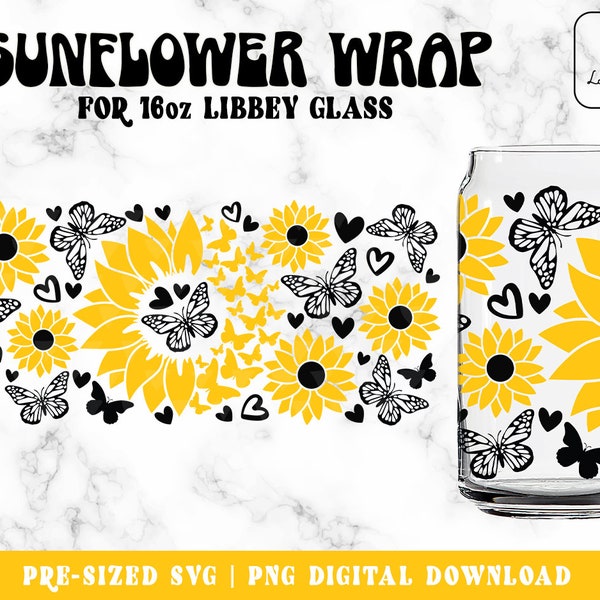 Sunflower Butterfly Svg Libbey glass svg, Butterflies SVG 16oz Glass can svg, Sunflower svg, Coffee Can glass Wrap - Digital Download