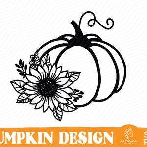 May include: Black and white silhouette of a pumpkin with a sunflower and leaves.  "Pumpkin Design" is written in white text on an orange background.
