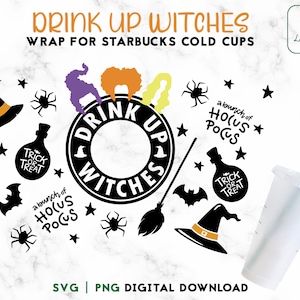 May include: A black and white printable design for a Starbucks cold cup featuring a witch hat, a broom, a cauldron, bats, spiders, stars, and the text "Drink Up Witches".