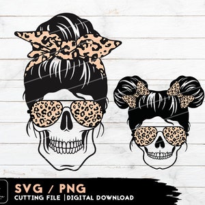 Messy Bun Skull SVG Design, Mom Life Kid Life SVG Fichiers pour Cricut - Leopard Mom Skull SVG - Mom Daughter Svg Cut Files Téléchargement numérique