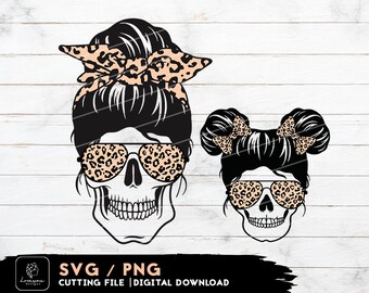 Leopard Mom Skull SVG, Messy Bun Daughter Cut Files (Digital Download)