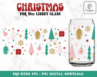May include: A digital download of a Christmas-themed design for a 16oz Libbey glass. The design features a repeating pattern of pink, green, and gold Christmas trees, snowflakes, stars, ornaments, and gifts. The design is shown on a clear glass can.