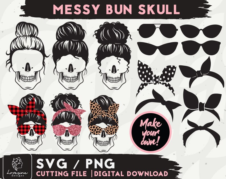 Download Messy Bun Skull SVG Bundle Design Skull Mom SVG Files for ...