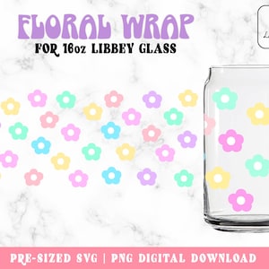 Retro Flowers Libbey Glass Can Wrap, Groovy 16oz Glass can svg, Groovy Flowers wrap svg, Flowers Svg Png, Boho Svg - Digital Download