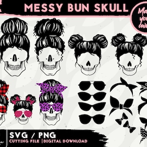 Messy Bun Skull SVG Bundle - Mom Life Kid Life SVG - Mom Kid Skulls Svg Fichiers pour Cricut - Téléchargement numérique