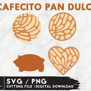 May include: A digital download of four SVG and PNG files featuring a heart, a pig, and two round shapes with a brown and beige pattern. The text "Cafecito Pan Dulce" is at the top of the image.