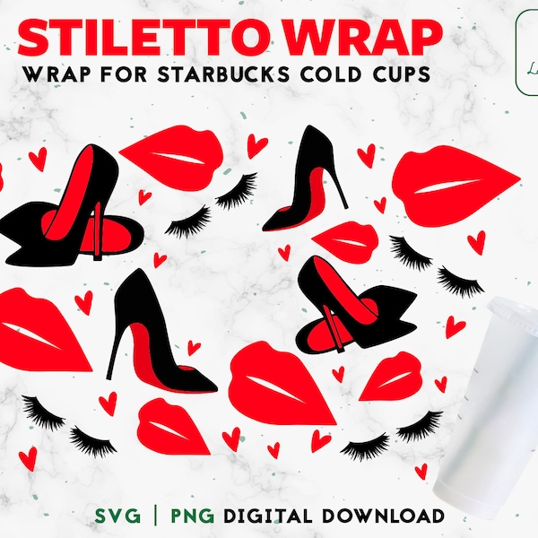 Boss Babe Full Wrap 24oz Venti Cold Cup SVG, Red Lips High Heels SVG Cold Cup - Makeup Fashion svg Venti 24oz Digital Download