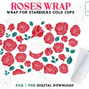 バラ 24 オンス ベンティ コールド カップ SVG - 赤いバラ SVG コールド カップ SVG - パーソナライズされた 24 オンス ベンティ コールド カップ用フローラル バラ フル ラップ - デジタル ダウンロード