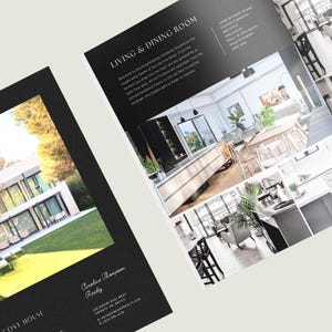 K&ouml;nnte beinhalten: Eine Immobilienbrosch&uuml;re mit einem modernen zweist&ouml;ckigen Haus mit gro&szlig;en Fenstern und einer gr&uuml;nen Rasenfl&auml;che auf dem Cover. Die Innenseiten zeigen ein Wohn- und Esszimmer mit offenem Grundriss, einer K&uuml;cheninsel und Profiger&auml;ten.