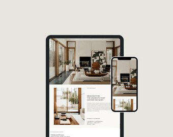 Könnte beinhalten: Ein Tablet und ein Smartphone zeigen eine Immobilien-Website für The Oakville Estate. Die Bildschirme zeigen Innenaufnahmen eines Wohnzimmers mit Kamin, großen Fenstern und den Text Designed for the moments that matter the most.