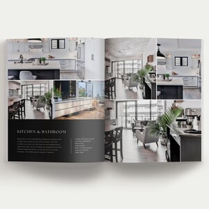 K&ouml;nnte beinhalten: Eine Brosch&uuml;renseite mit Innenaufnahmen einer modernen K&uuml;che und eines Wohnbereichs. Das Layout enth&auml;lt mehrere Bilder von Schr&auml;nken, Ger&auml;ten und M&ouml;beln, wobei der Text KITCHEN & BATHROOM sowie eine Liste von Ausstattungsmerkmalen zu sehen sind.