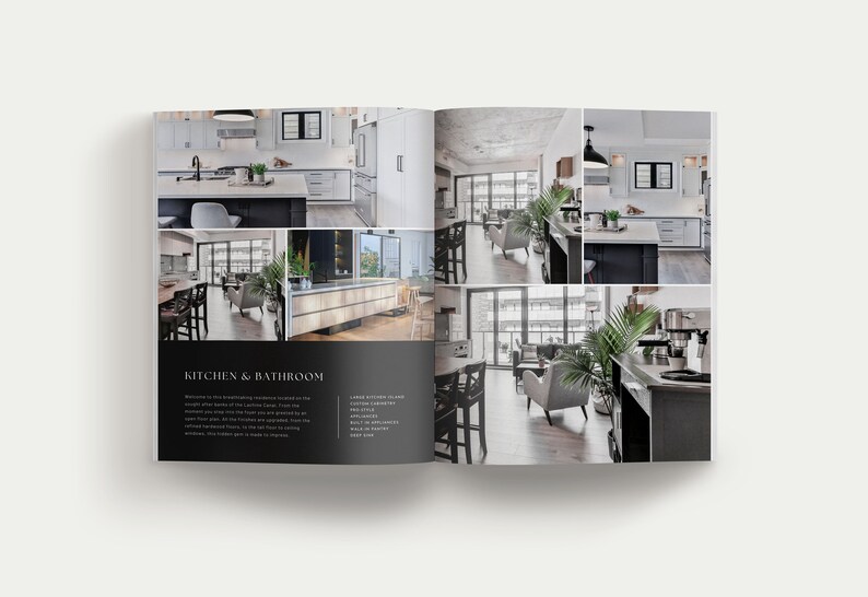K&ouml;nnte beinhalten: Eine Brosch&uuml;renseite mit Innenaufnahmen einer modernen K&uuml;che und eines Wohnbereichs. Das Layout enth&auml;lt mehrere Bilder von Schr&auml;nken, Ger&auml;ten und M&ouml;beln, wobei der Text KITCHEN & BATHROOM sowie eine Liste von Ausstattungsmerkmalen zu sehen sind.