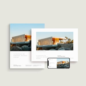 Peut inclure: Une brochure verticale, une brochure horizontale et un smartphone affichant une annonce immobilière pour 70 Rosedale Rd, Toronto, Ontario. Chaque élément présente une photographie d'une maison moderne avec un éclairage doré et des accents en pierre.
