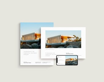 Könnte beinhalten: Eine vertikale Broschüre, eine horizontale Broschüre und ein Smartphone, das ein Immobilienangebot für 70 Rosedale Rd, Toronto, Ontario anzeigt. Jeder Artikel zeigt ein Foto eines modernen Hauses mit goldener Beleuchtung und Steinakzenten.