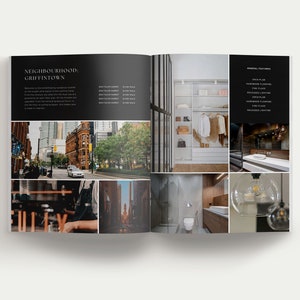 K&ouml;nnte beinhalten: Eine Immobilienbrosch&uuml;re mit dem Titel NEIGHBOURHOOD: GRIFFINTOWN, einer Liste von Gehdistanzen und einem Abschnitt namens GENERAL FEATURES. Das Layout enth&auml;lt Fotos einer Stadtstra&szlig;e, eines begehbaren Kleiderschranks, eines Badezimmers und Leuchten.