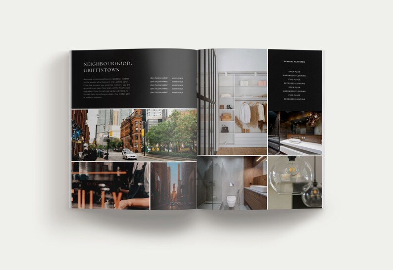 K&ouml;nnte beinhalten: Eine Immobilienbrosch&uuml;re mit dem Titel NEIGHBOURHOOD: GRIFFINTOWN, einer Liste von Gehdistanzen und einem Abschnitt namens GENERAL FEATURES. Das Layout enth&auml;lt Fotos einer Stadtstra&szlig;e, eines begehbaren Kleiderschranks, eines Badezimmers und Leuchten.