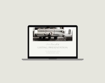 Könnte beinhalten: Ein silberner Laptop, der eine digitale Immobilienpräsentation anzeigt. Der Bildschirm zeigt ein Foto eines modernen Wohnzimmers mit Sofa und Couchtischen sowie den Text Caroline Thompson Realty, LISTING PRESENTATION, 70 ROSEDALE RD, TORONTO, ON.