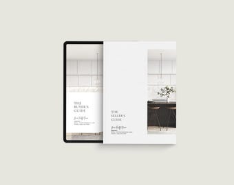 Könnte beinhalten: Ein digitales Tablet mit einem Dokument namens THE BUYER'S GUIDE neben einer gedruckten Broschüre namens THE SELLER'S GUIDE. Beide Dokumente haben ein weißes Cover mit schwarzem Text und einem Foto einer modernen Kücheneinrichtung.