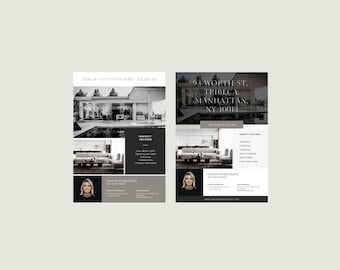 Könnte beinhalten: Zwei schwarz-weiße Immobilien-Flyer mit Immobilienfotos, Innenaufnahmen von Wohnzimmern und Ausstattungsmerkmalen. Jeder Flyer enthält ein Porträt von Caroline Wright Realty, Kontaktinformationen und die Adressen: 1206 W Cottonwood und 93 Worth St, Tribeca, Manhattan, NY 10013.