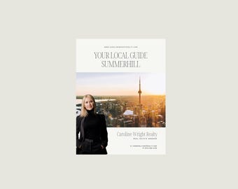 Könnte beinhalten: Ein Immobilien-Flyer mit dem Titel Your Local Guide Summerhill, der ein Foto einer Person in einem schwarzen Blazer vor der Skyline von Toronto bei Sonnenuntergang zeigt, mit dem Text Caroline Wright Realty und Kontaktdaten unten.