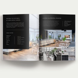 K&ouml;nnte beinhalten: Eine aufgeschlagene Immobilienbrosch&uuml;re mit schwarzen Seiten und wei&szlig;em Text mit den Titeln Home Features & Specification und Living & Dining Room. Das Layout enth&auml;lt Innenaufnahmen einer modernen offenen K&uuml;che, eines Essbereichs und Wohnraums.