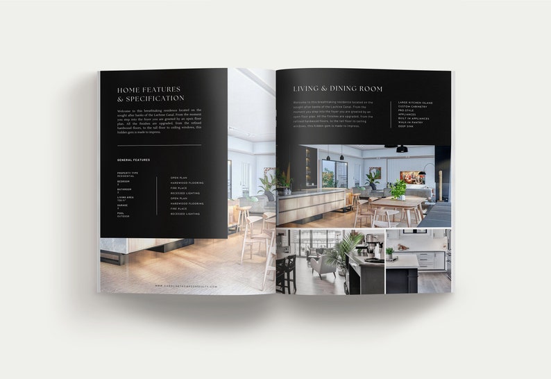 K&ouml;nnte beinhalten: Eine aufgeschlagene Immobilienbrosch&uuml;re mit schwarzen Seiten und wei&szlig;em Text mit den Titeln Home Features & Specification und Living & Dining Room. Das Layout enth&auml;lt Innenaufnahmen einer modernen offenen K&uuml;che, eines Essbereichs und Wohnraums.