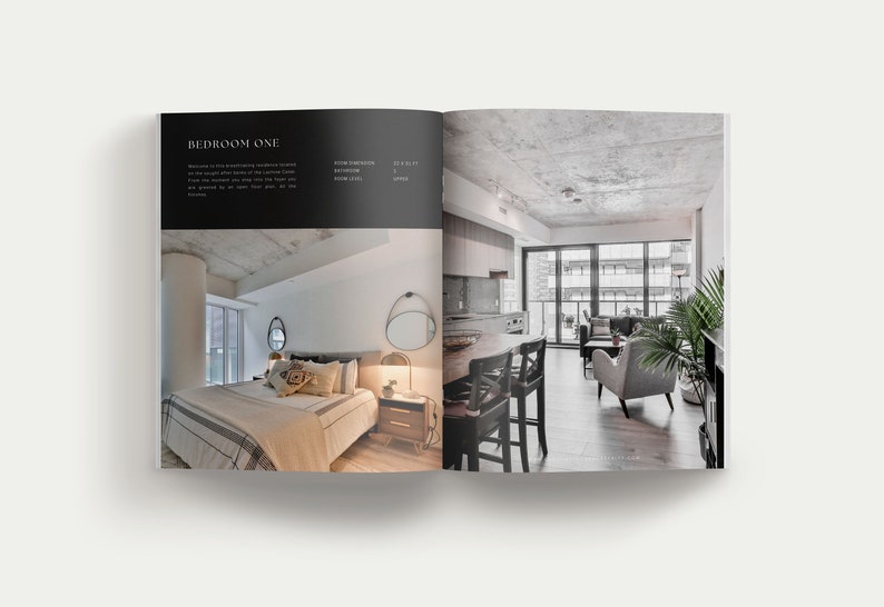 K&ouml;nnte beinhalten: Ein aufgeschlagenes Buch mit Innenarchitektur-Fotografien. Die linke Seite zeigt ein Schlafzimmer mit Bett, Nachttisch und Spiegel. Die rechte Seite zeigt einen Wohnbereich mit K&uuml;che, Esstisch und St&uuml;hlen. Text enth&auml;lt BEDROOM ONE.