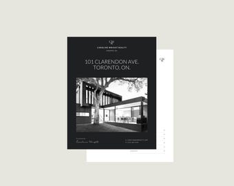 Könnte beinhalten: Ein schwarz-weisser Immobilien-Flyer mit dem Text 101 CLARENDON AVE. TORONTO, ON. und CAROLINE WRIGHT REALTY. Der Flyer zeigt ein Foto eines modernen Hauses mit grossen Fenstern und einem Baum sowie Kontaktinformationen und ein Firmenlogo.