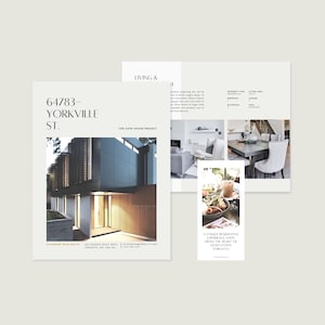 May include: A real estate brochure for 64783 Yorkville St. featuring a modern house exterior, interior living room and dining room photos, property details, and a small card with food imagery and the text A UNIQUE RESIDENTIAL EXPERIENCE.