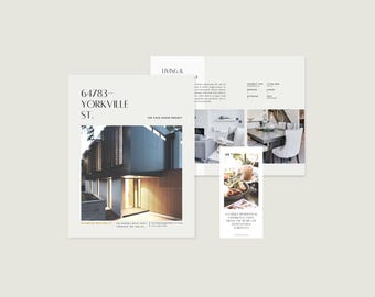 Peut inclure: Une brochure immobilière pour 64783 Yorkville St. avec une photo d'extérieur de maison moderne, des vues intérieures du salon et de la salle à manger, des détails de propriété et une carte avec des plats et le texte A UNIQUE RESIDENTIAL EXPERIENCE.