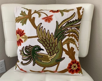 Peacock and Red Flowers Pillow Cover