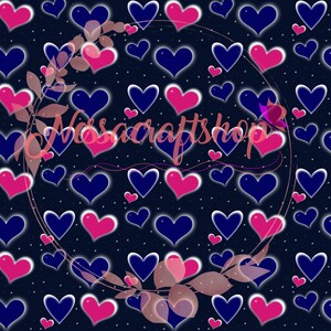 May include: A seamless pattern featuring a repeating design of blue and pink hearts on a dark blue background. The hearts are outlined in white and have a slight glow effect. The pattern is perfect for use in crafting projects, such as fabric, paper, or digital designs.
