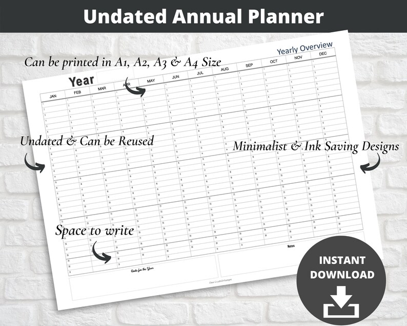 Undated Yearly Wall Calendar Printable Yearly Overview Etsy