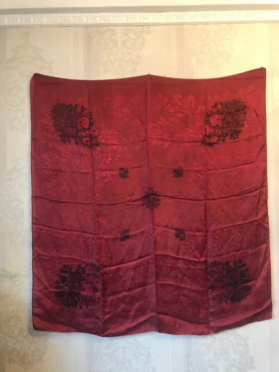 Vintage silk shawl, burgundy jacquard shawl. large