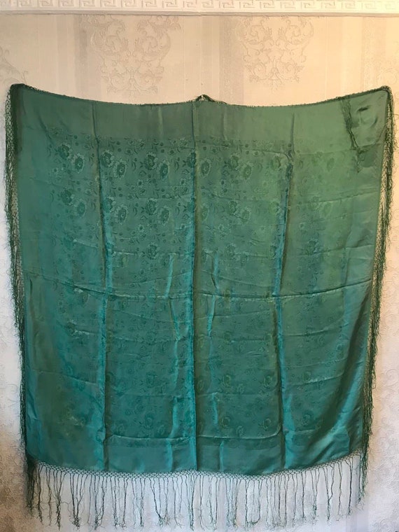 Vintage silk shawl, green jacquard shawl. large sc