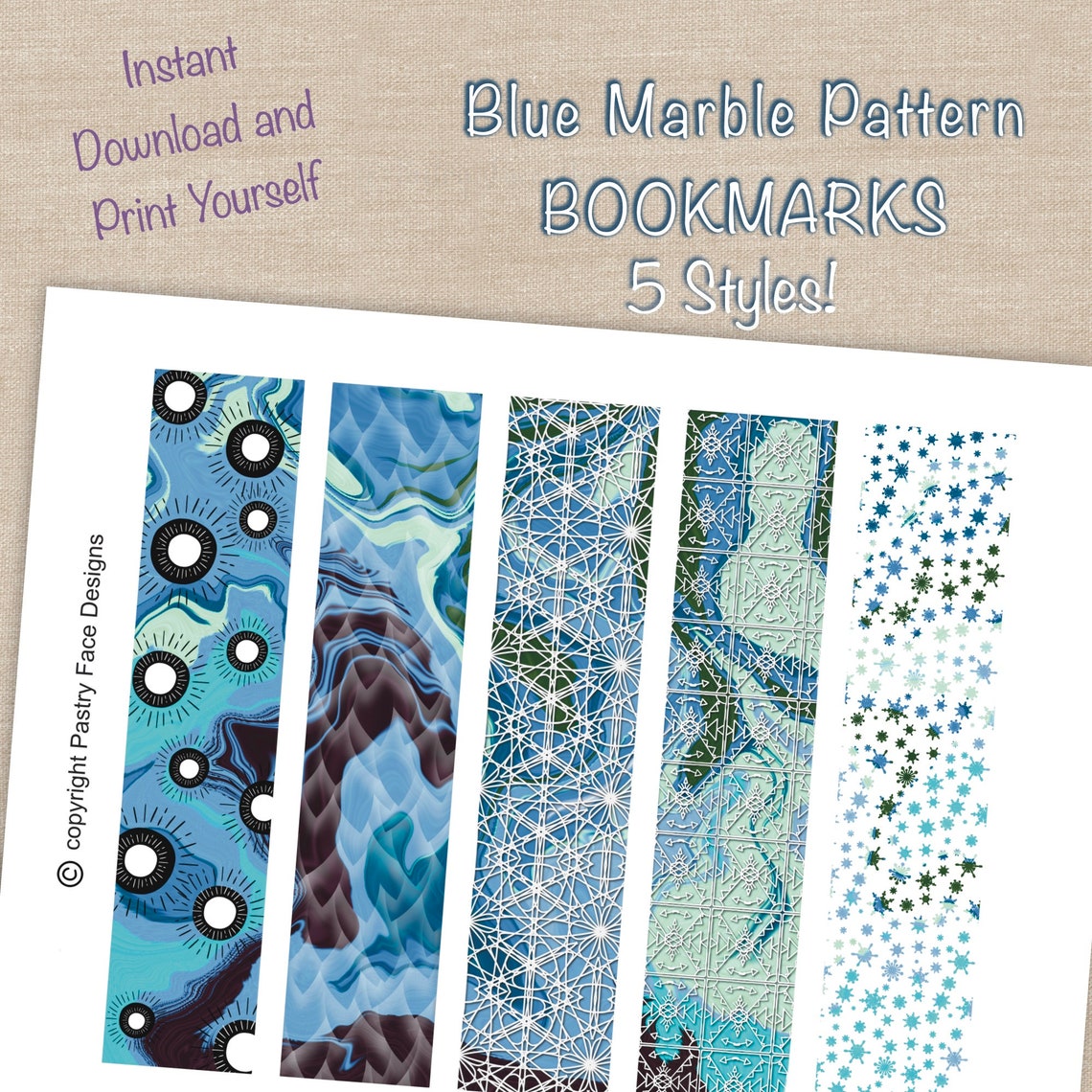 Printable Bookmarks Blue Marble Patterned in 5 Styles - Etsy