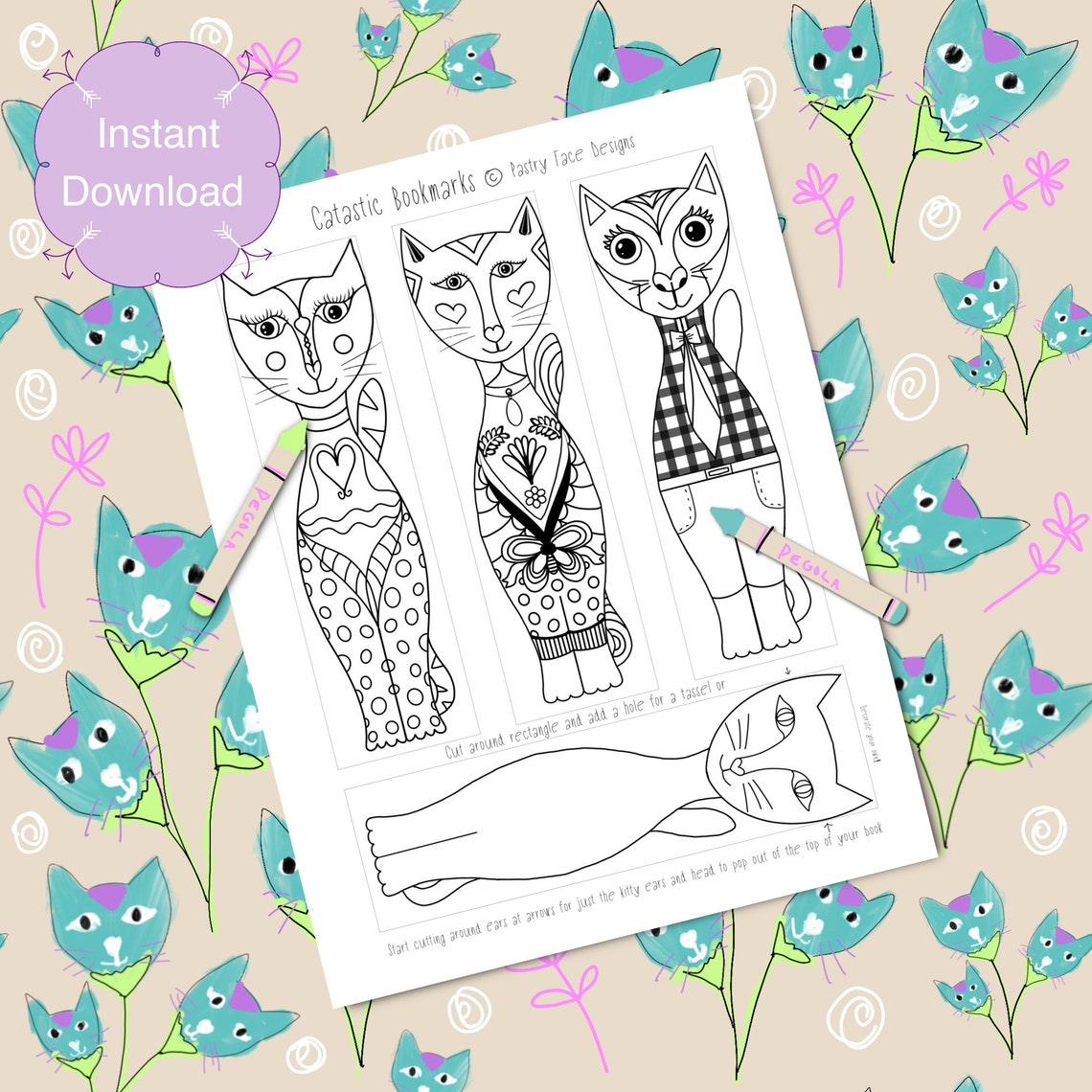 Cat Bookmarks Funny Coloring Book Page Single Page to Print Etsy