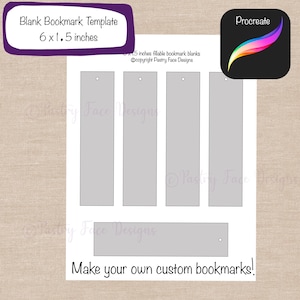 May include: Printable template for making bookmarks. The template includes five 6 by 1.5 inch bookmark shapes with a hole punched at the top. The text "Blank Bookmark Template 6 x 1.5 inches" is at the top of the page. The text "Make your own custom bookmarks!" is at the bottom of the page.