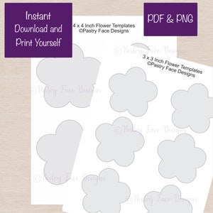 May include: Printable flower templates in PDF and PNG format.  The templates include 4 x 4 inch and 3 x 3 inch flower shapes.  The image shows a white background with gray flower shapes.