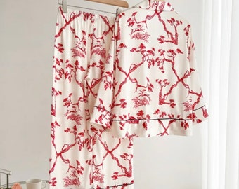 Silk Pajamas| Ice Silk Homeware Pajamas | Long Sleeve Pajamas | Women's Silk Pajamas |Gifts for Her | Self Care| Red and White Pajamas