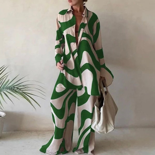 Pants Suit | Boho Pants Set | Trousers Suit | Green and White Pants Suit | Black and White Pants Suit