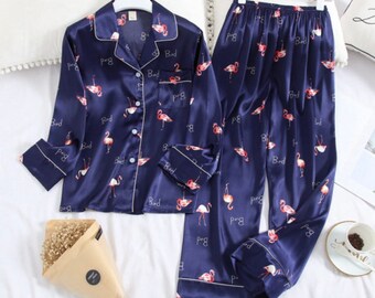 Ice Silk Pajamas| Silk Homeware Pajamas | Long Sleeve Pajamas | Flamingo Pajamas | Women's Silk Pajamas |Gifts for Her | Self Care|Pyjama