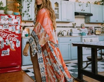 Boho Kimono|Summer Kimono Dress|Bohemian Robe|Women Long Floral Kimono |Coverup Beach Wear | Bohemian Beach Kaftan Maxi Dress