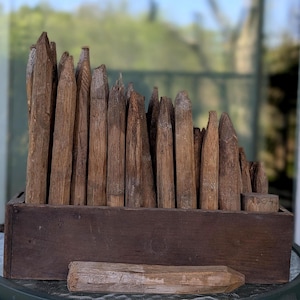 May include: A collection of weathered, pointed wooden stakes arranged in a dark brown wooden box. The stakes vary in height and have a natural, aged appearance. One stake rests outside the box.