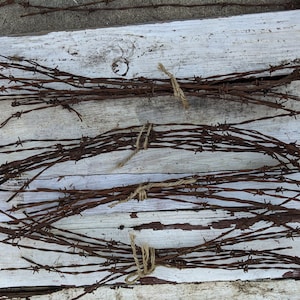 May include: Bundles of rusty barbed wire tied with twine, arranged on a weathered, white-painted wooden surface. The barbed wire has sharp points and is grouped into several bundles, suggesting a rustic or industrial theme.