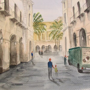 Original watercolor of the Plaza Real de Barcelona