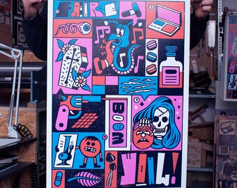 May include: A colorful poster with a variety of illustrations, including a skull, a snake, a coffin, a gun, a bong, a mushroom, and the words "FIRE", "BOOM", and "YOIL!"