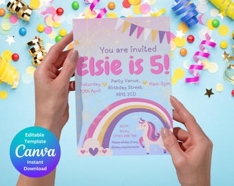 Unicorn Birthday Invitation Template | Editable Kids Party Invite (Digital Download)