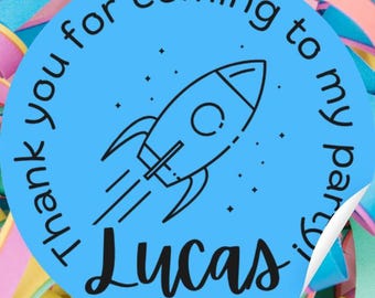 Personalised Space Rocket Party Bag Stickers, Custom Name Labels (2" Round)
